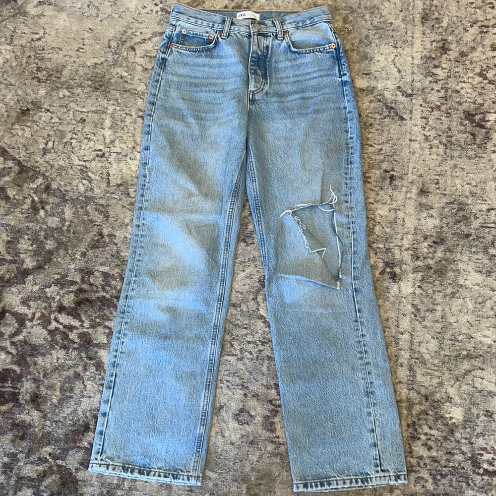Zara Button Fly Ripped Straight Leg Jeans